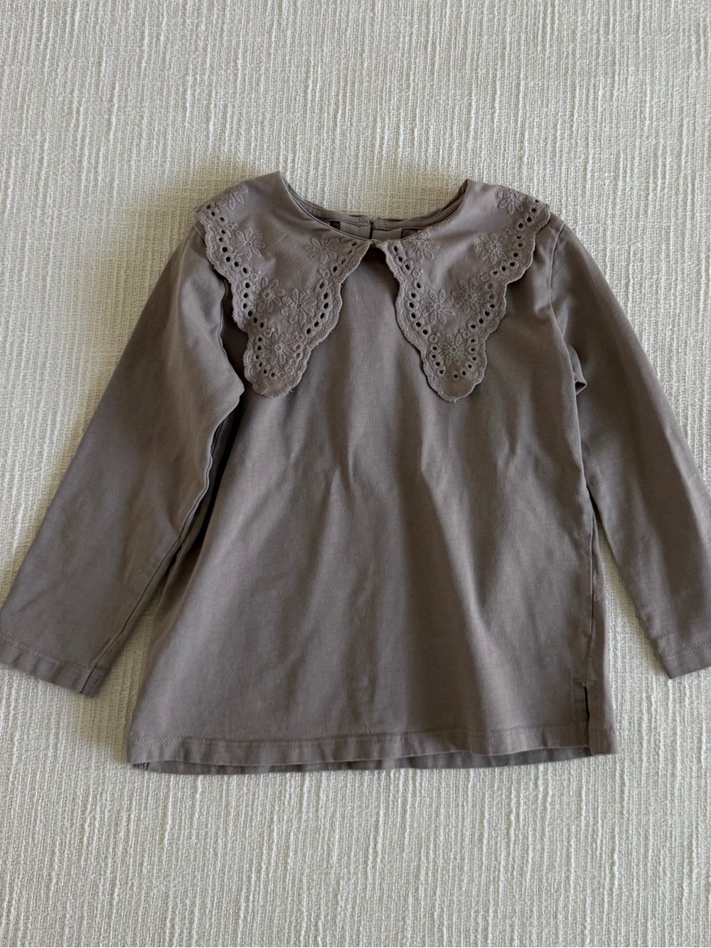 Zara Girls' Long Sleeve Top with Eyelet Peter Pan Collar - Taupe